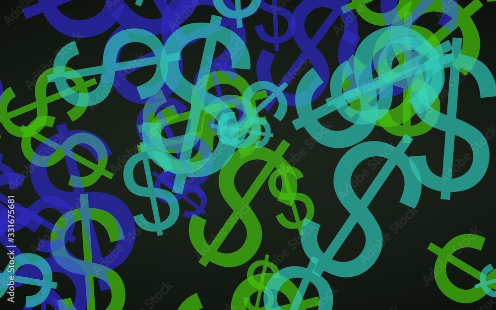 Multicolored translucent dollar signs on dark background. Green tones. 3D illustration Multicolored translucent dollar signs on dark background. Green tones. 3D illustration