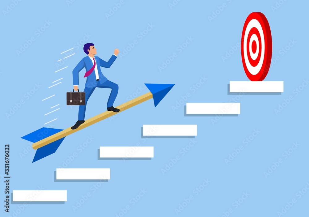 Naklejka Businessman aim arrow to target on staircase going up. Goal setting. Smart goal. Business target concept. Achievement and success. Vector illustration in flat style