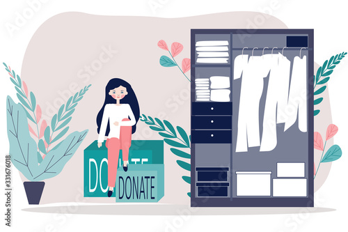 Donate clothes. Illustration in flat of Woman or volunteer sitting on donation boxes near cupboard. Volunteering, charity, goodwill concept for poster, website design, landing web page, social media