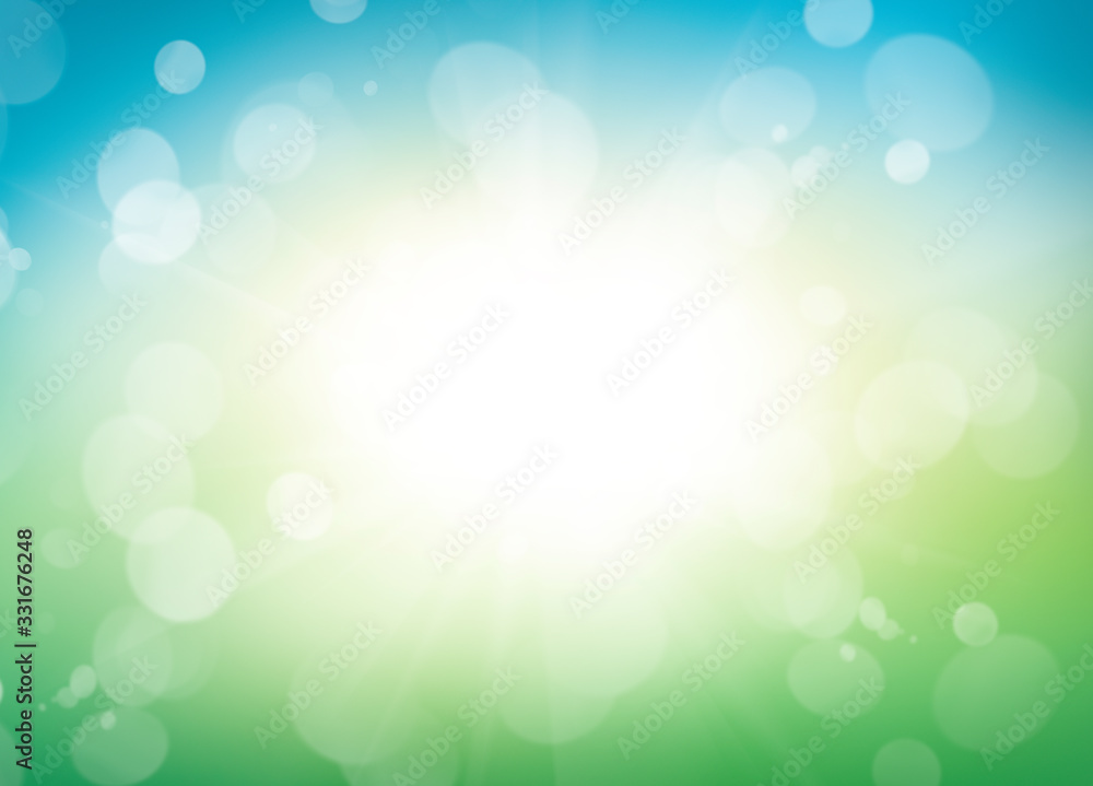 A blurred fresh spring, summer blue and green abstract background with bokeh glow. Illustration.