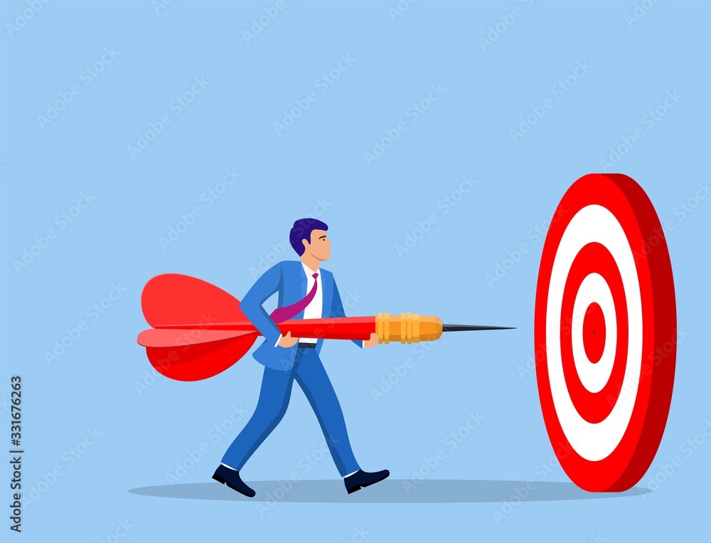Naklejka Businessman aim arrow to target. Goal setting. Smart goal. Business target concept. Achievement and success. Vector illustration in flat style
