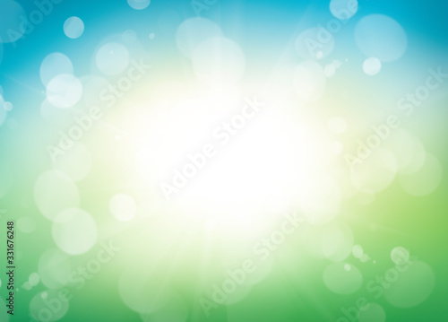 Obraz na płótnie A blurred fresh spring, summer blue and green abstract background with bokeh glow. Illustration. w salonie