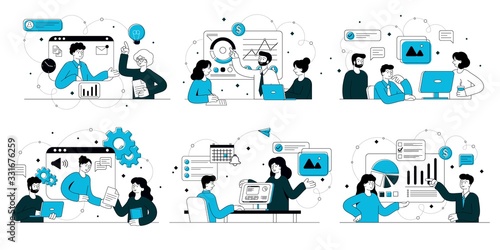 Business concept with teams brainstorming together working on developing new projects or doing a presentation with graphs, set of four vector illustrations