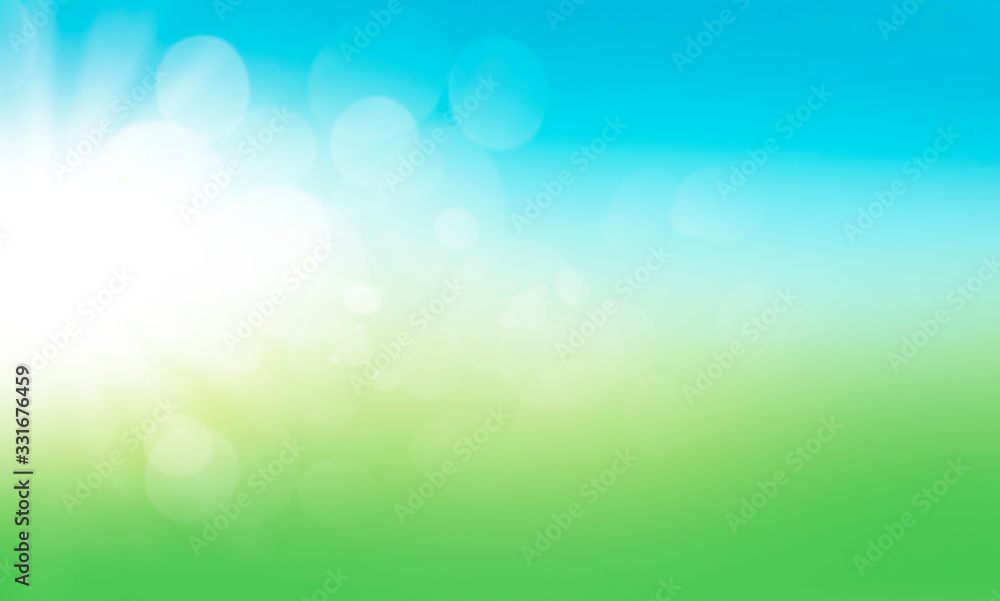 A blurred fresh spring, summer blue and green abstract background with soft bokeh glow and sun flare. Illustration. A blurred fresh spring, summer blue and green abstract background with soft bokeh glow and sun flare. Illustration.