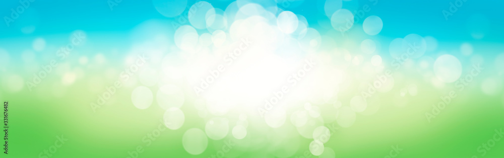 A blurred fresh spring, summer blue and green abstract banner background with bokeh glow. - obrazy, fototapety, plakaty 