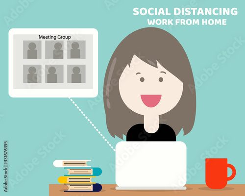 COVID-19 CRISIS: Work from home, Social Distancing concept. Young woman is meeting with her companions by video conference. Cartoon vector style for your design.