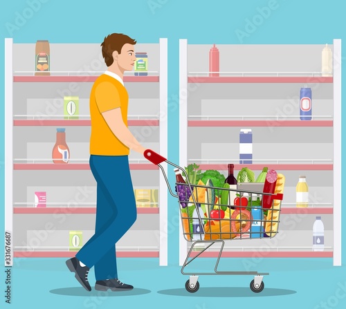 Young man pushing supermarket shopping cart full of groceries. empty store shelves Vector illustration in flat style