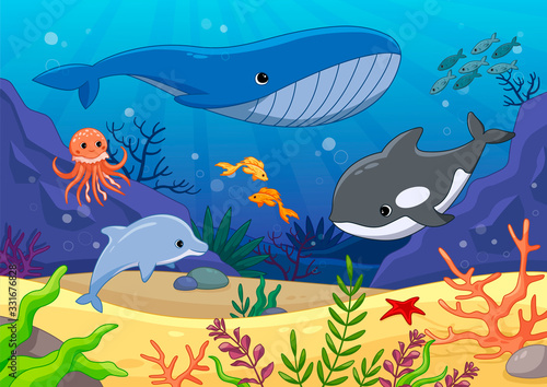 Colorful underwater world with whales and dolphin swimming with an octopus amongst the seaweed and rocks, vector cartoon illustration