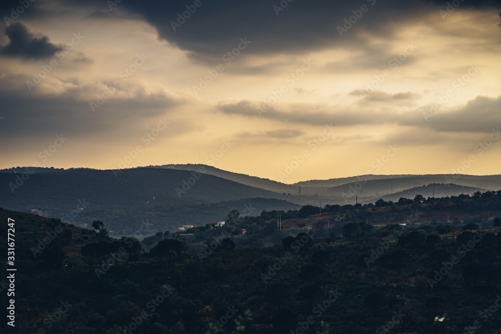 Beautiful landscape view of mountains and valleys in Portugal at sunset