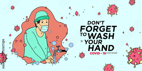 Coronavirus covid-19 and virus background with disease cells cartoon style illustration. A man using masker washing his hands to attack coronavirus