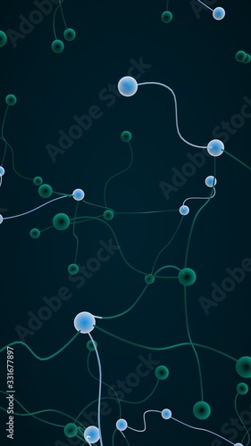 Neural network. Social network. Futuristic dna, deoxyribonucleic acid. Abstract molecule, cell illustration, mycelium. Dark background. 3D illustration