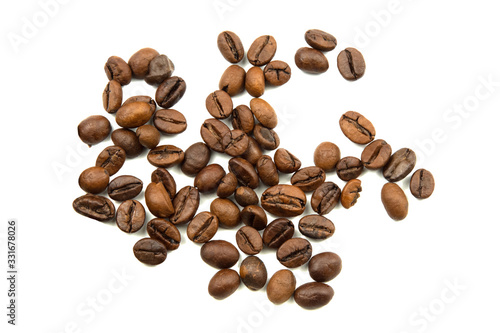 roasted coffee beans isolated on a white background. Top view. Flat lay