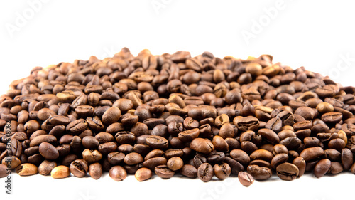 roasted coffee beans isolated on a white background. Top view. Flat lay