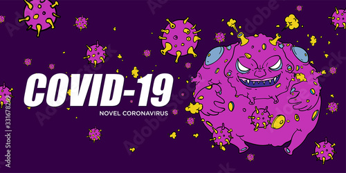 Coronavirus covid-19 and virus background with disease cells cartoon style illustration. Corona virus outbreaking and pandemic medical health risk.