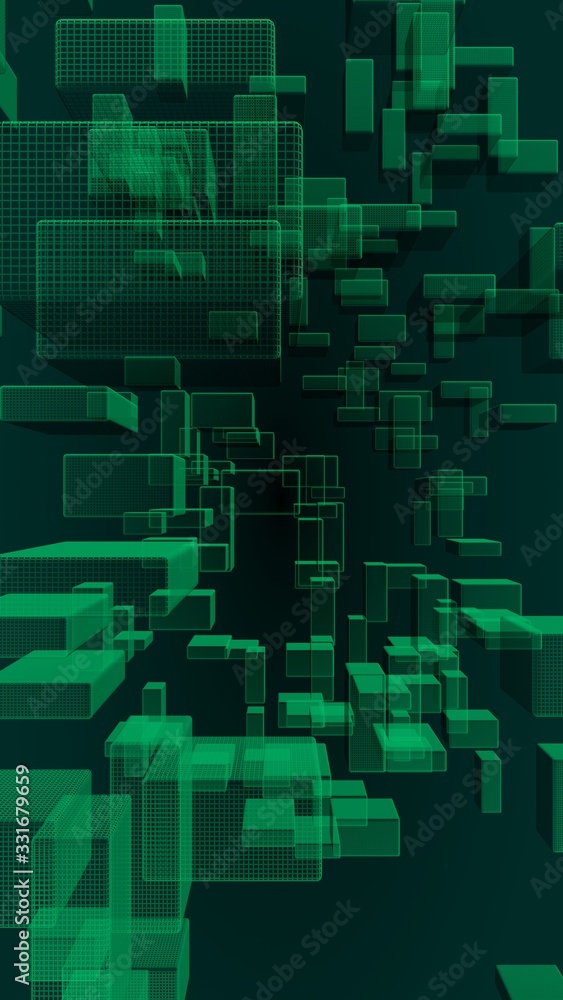 Green and dark abstract digital and technology background. The pattern with repeating rectangles. 3D illustration Green and dark abstract digital and technology background. The pattern with repeating rectangles. 3D illustration