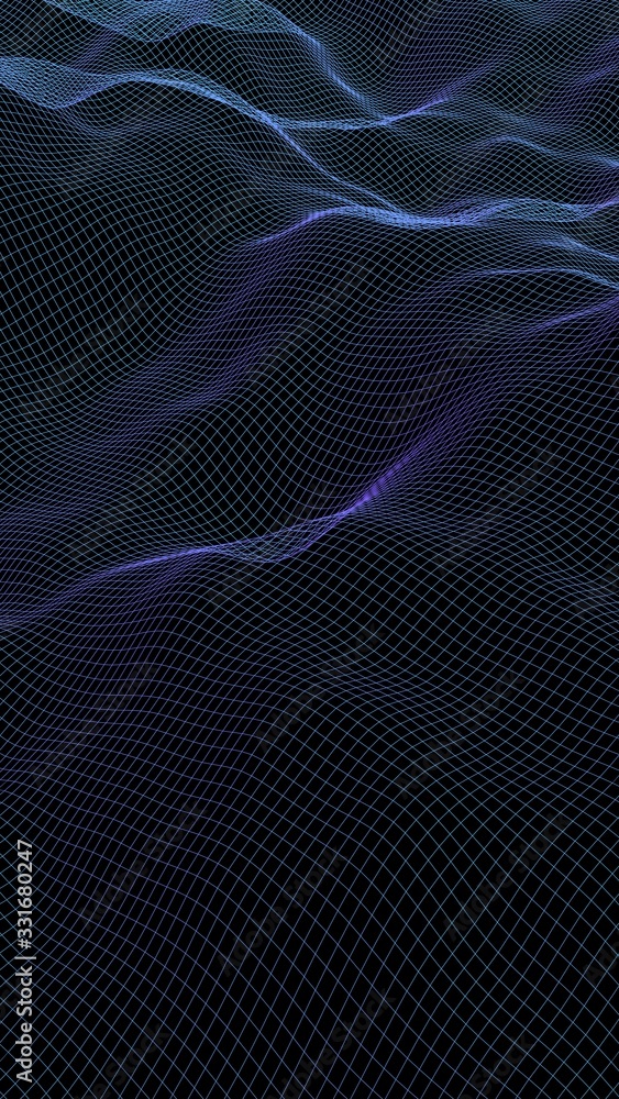 Naklejka premium Abstract landscape on a dark background. Cyberspace navy blue grid. hi tech network. 3D illustration