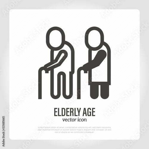 Elderly age, two old people with canes. Thin line icon. Pensioner disabled. Vector illustration.