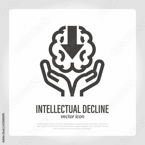 Intellectual decline. Brain with arrow to down in hands. Thin line icon. Memory loss, amnesia, Alzheimer's disease, dementia. Healthcare and medical vector illustration.