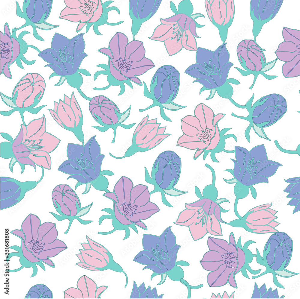 floral seamless pattern of blue and lilac bells on a white light background for decorating stencils and postcards