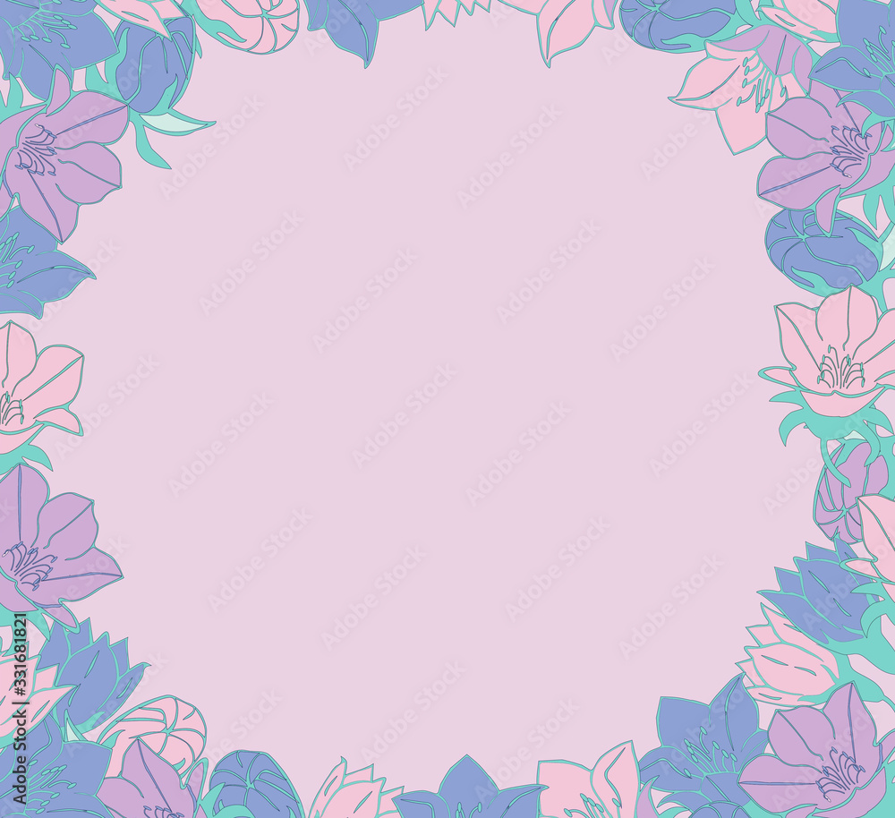 flower frame of blue and lilac bells in a circle on a pink background for decorating stencils and postcards