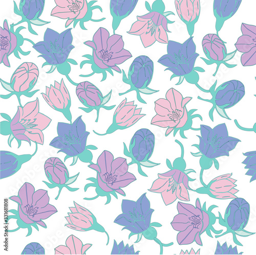 floral seamless pattern of blue and lilac bells on a white light background for decorating stencils and postcards
