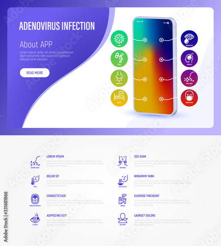 Adenovirus infection web page template with copy space. Mobile app on smartphone with thin line icons. Airborne disease, lymph nodes, fever. Vector illustration of coronavirus symptoms