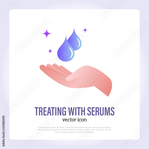 Skin care treatment by serum. Two droplets fall in hand. Thin line icon. Essential oil, collagen, hyaluronic serum. Vector illustration.