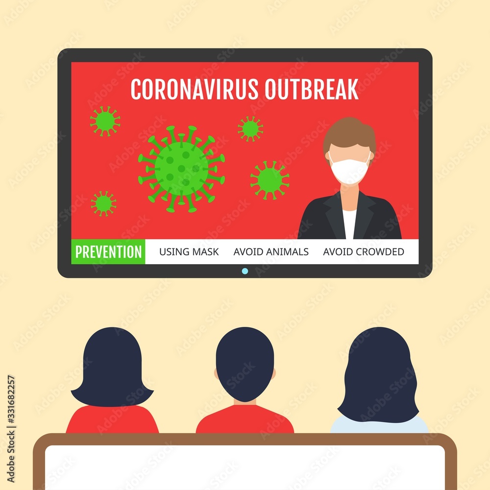 coronavirus covid-19 television news with girls and boys characters wearing face mask, chairs and virus or bacteria vector illustration in flat style, coronavirus covid-19 television news with girls and boys characters wearing face mask, chairs and virus or bacteria vector illustration in flat style,