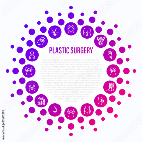 Plastic surgery concept in circle shape. Thin line icons. Breast enlargement, reduction, mastopexy, implant, liposuction, facelift, rhinoplasty, buttock lift, abdominoplasty. Vector illustration.