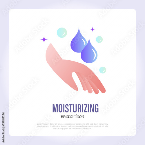 Skin care treatment, moisturizing. Two droplets fall on hand. Gradient icon. Cream, essential oil, collagen, hyaluronic serum. Vector illustration.