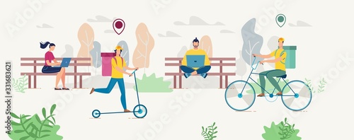 People in Park Ordering Fast Food Snack Delivery Online Use Digital Device Services. Deliverymen Riding Ecological Transport as Electric Scooter and Bicycle. Eco Friendly Meal Transportation Anywhere