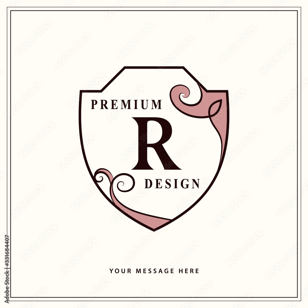 Creative Monogram. Template with letter R. Stylish Refined Emblem. Graceful Logo. Drawn Element for Book Design, Brand Name, Business Card, Restaurant, Boutique, Hotel, Invitation. Vector illustration