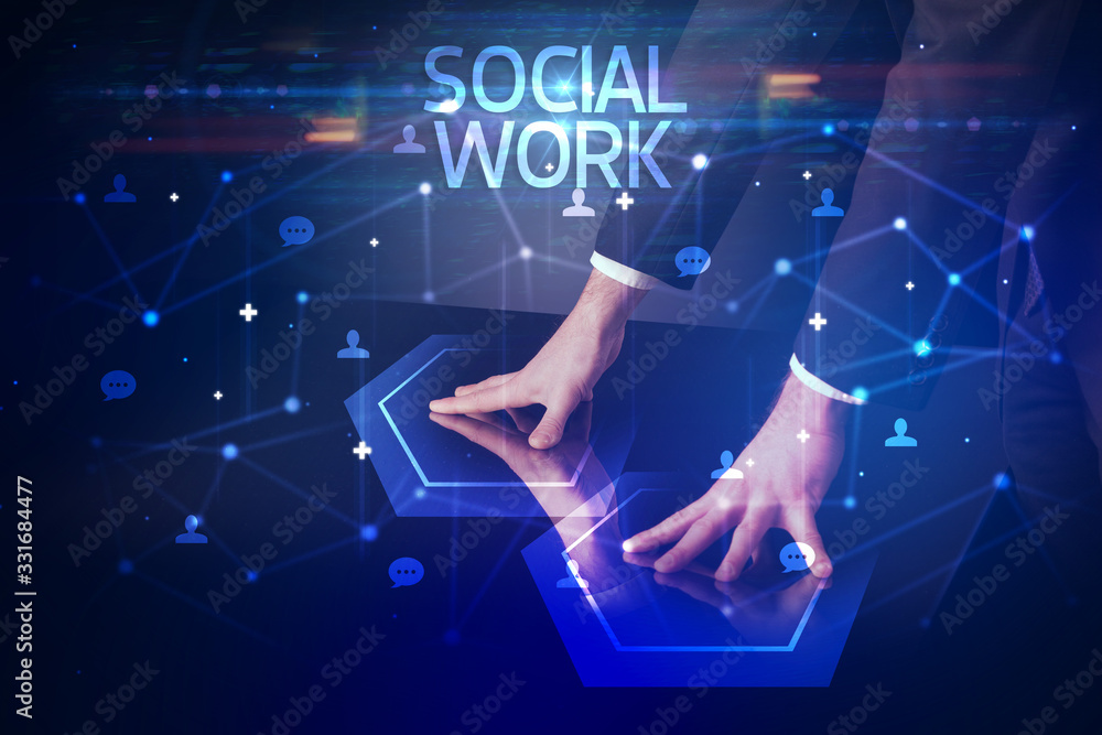 Navigating social networking with SOCIAL WORK inscription, new media concept Navigating social networking with SOCIAL WORK inscription, new media concept