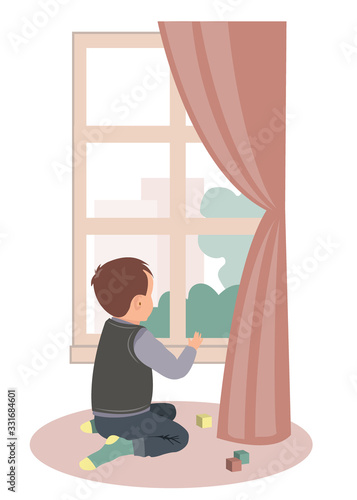 Sad little boy sitting at the window. Stay at home campaign for coronavirus prevention. Vector illustration