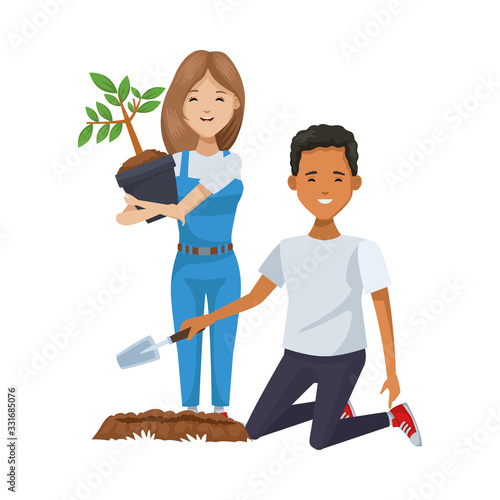 environmentalists couple planting tree characters