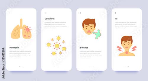 Coronavirus mobile user interface with flat icons. Symptoms and prevention: COVID-2019, pneumonia, coughing, bronchitis, pain in throat. Vector illustration, template with copy space.
