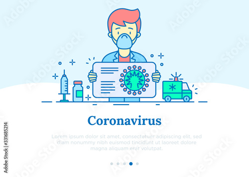 Doctor tells about symptoms and prevention coronavirus concept. Thin line icons. COVID-2019, surgical mask, person-to person, vaccine, ambulance. Vector illustration.