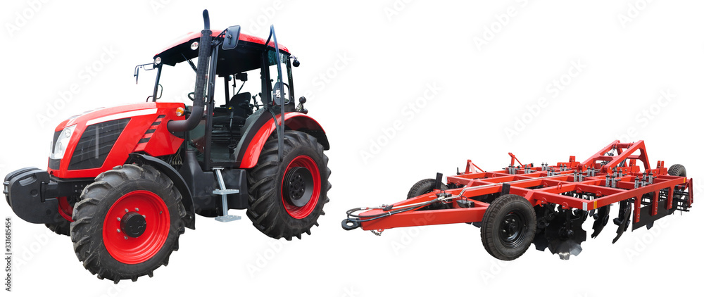 Abstract powerful new tractor with agricultural equipment isolated on ...