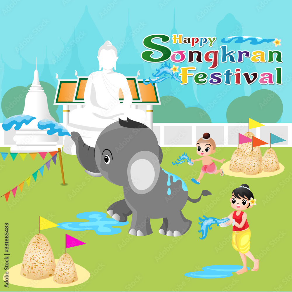 Obraz premium Cartoon happy kids and elephant enjoy thai songkran water festival