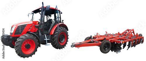 Canvas Print Abstract powerful new tractor with agricultural equipment isolated on white back