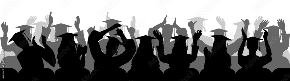 Applauding graduates sitting in chair, silhouettes. Vector illustration.