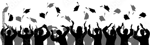 Graduation. Happy students graduates toss up caps. Silhouettes, vector illustration.