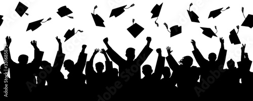 Crowd of graduates throw square academic caps, seamless pattern, silhouettes. Vector illustration.