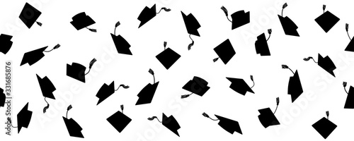 Seamless pattern of throwing square academic caps with tassel, vector illustration.