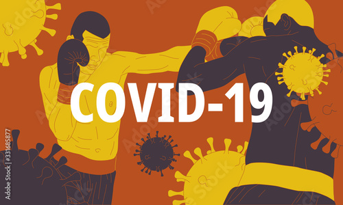 Illustration of a boxer in a style surrounded by a virus.