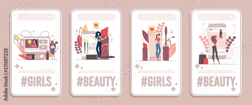 Beauty Blogger Channel, Cosmetics Brand Influencer Blog, Makeup Expert Service Vertical Banner, Poster Set. Woman Blogger Streaming Video Online, Communication with Followers Flat Vector Illustration