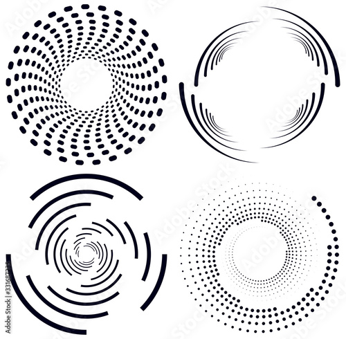 Set of black and white vortex, volute shapes. Twisted helix elements