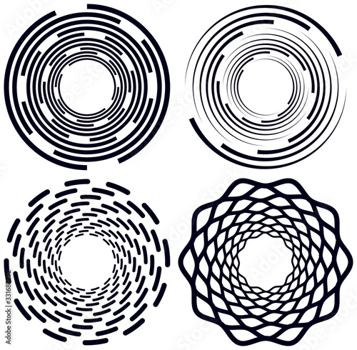 Set of black and white vortex, volute shapes. Twisted helix elements