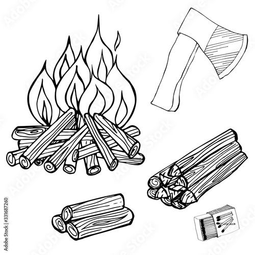 Firewood, pile of firewood, ax, bonfire. Forest burning firewood for cooking soups.