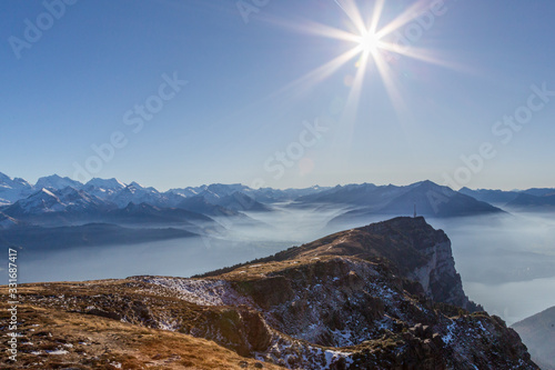 Niederhorn and Bernese mountains in Switzerland with lake Brienz